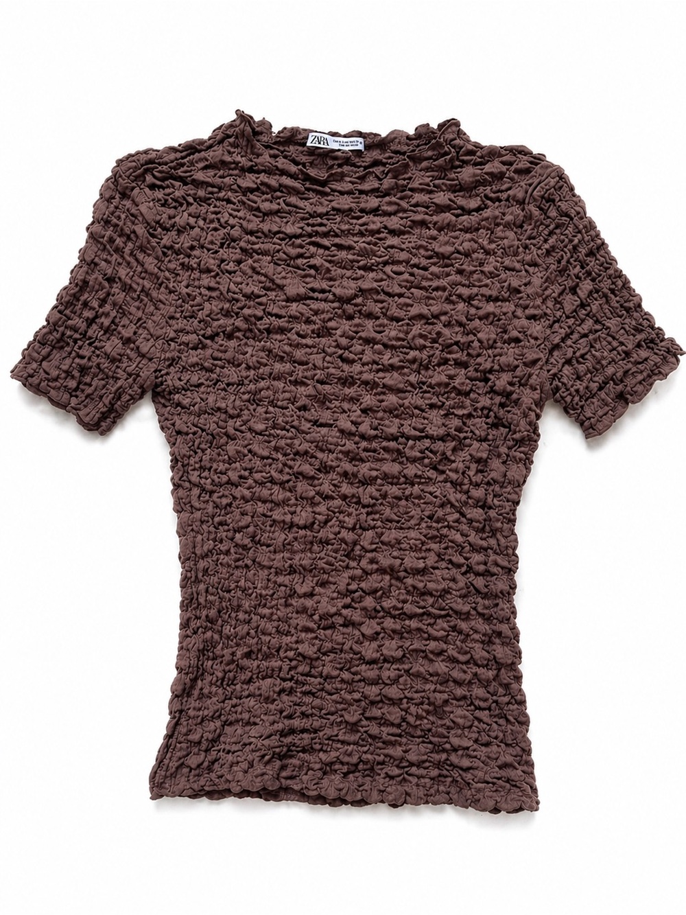 Zara Brown Crinkle Textured Top Small Stretchy Fitted Bubble Shirt Minimalist